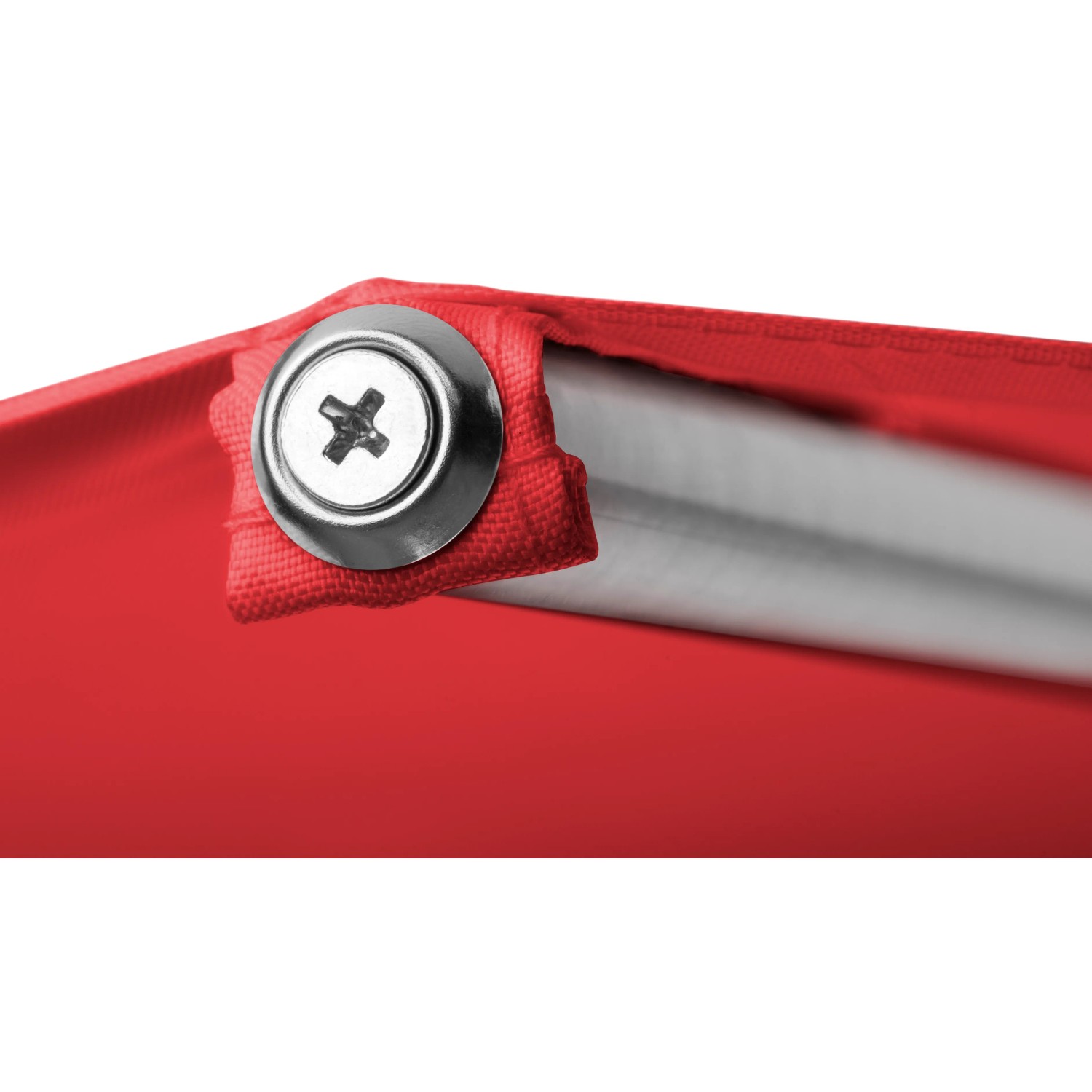 Detailaufnahme: Roter Schneider Marktschirm, Stoffbefestigung mit Schraube am Aluminiumgestell.
