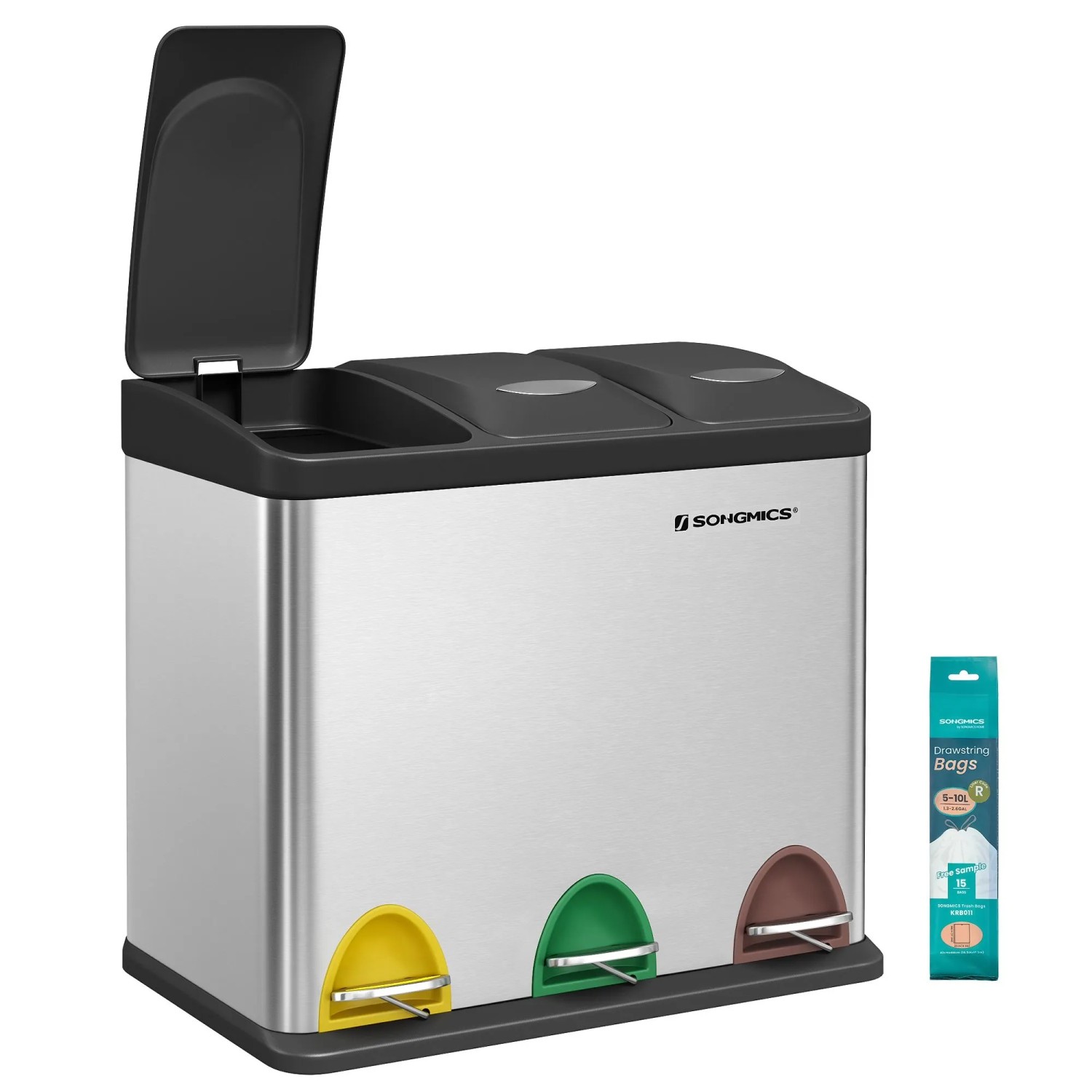 Songmics Mülleimer Petaja 3 Fächer x 8 l Silber-Schwarz günstig online kaufen