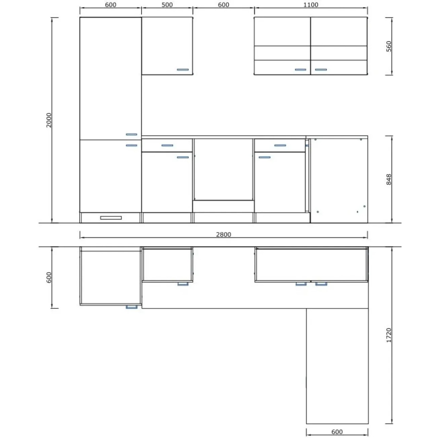 Skizze der Respekta Winkelküche KBL280WWCGKEG, 280x172 cm, Weiß/Nussbaum, mit Maßen.