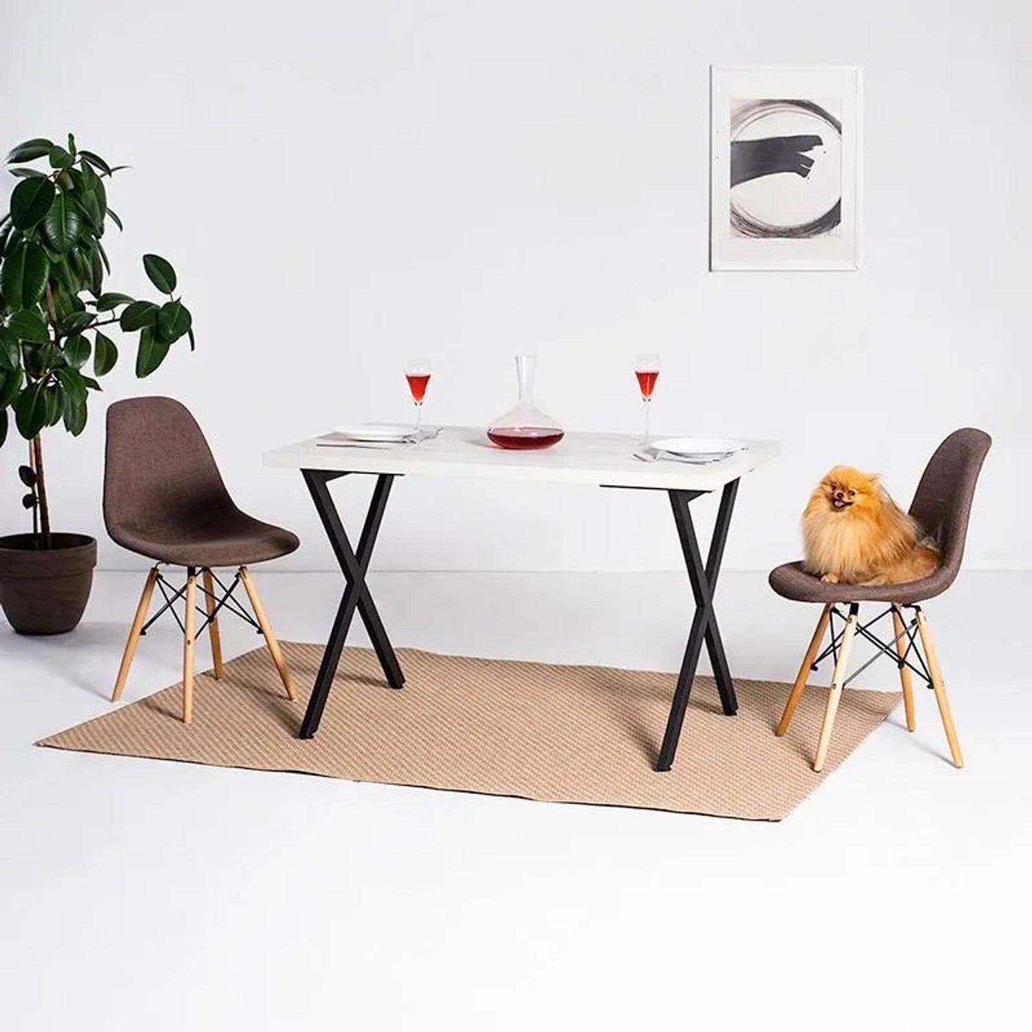 Esstisch mit schwarzem holz4home X-Gestell aus Metall, mit Querbalken. Paarweise.