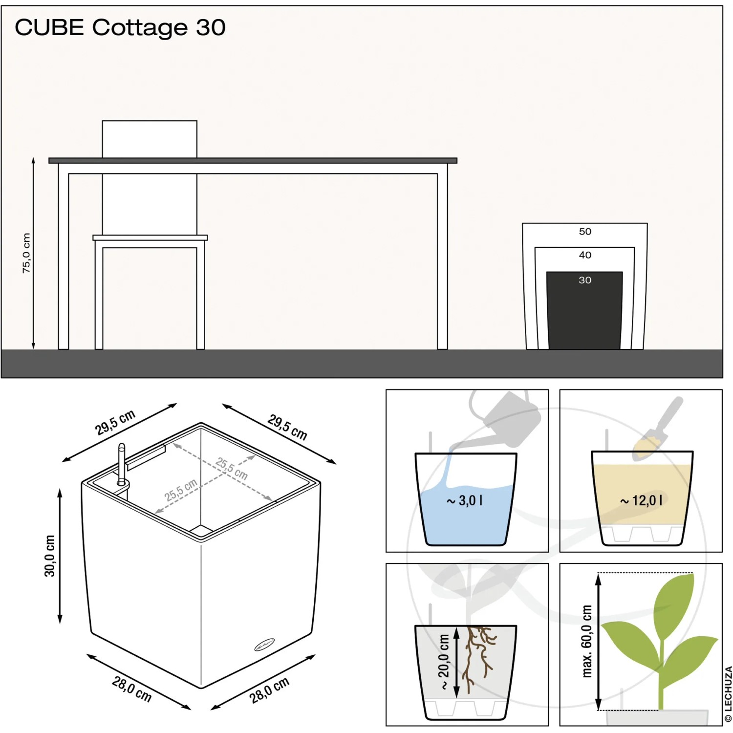 Lechuza Cube Cottage 30 Pflanzgefäß, Granit, mit Maßen und Füllmengen für Wasser und Dünger.