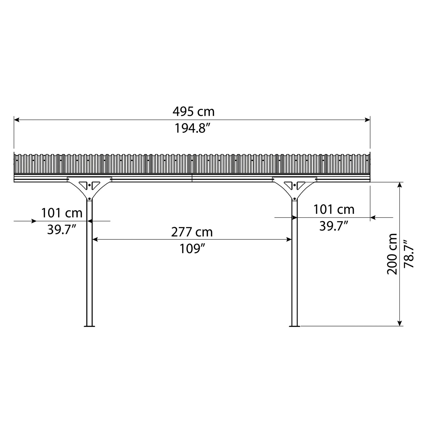 Technische Zeichnung: Palram Atlas Einzelcarport, Maße 495x288 cm, Basaltgrau. Carport Details.