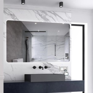 Rechteckiger Badspiegel 100x80 cm mit LED-Beleuchtung und Touch-Schalter im modernen Badezimmer.