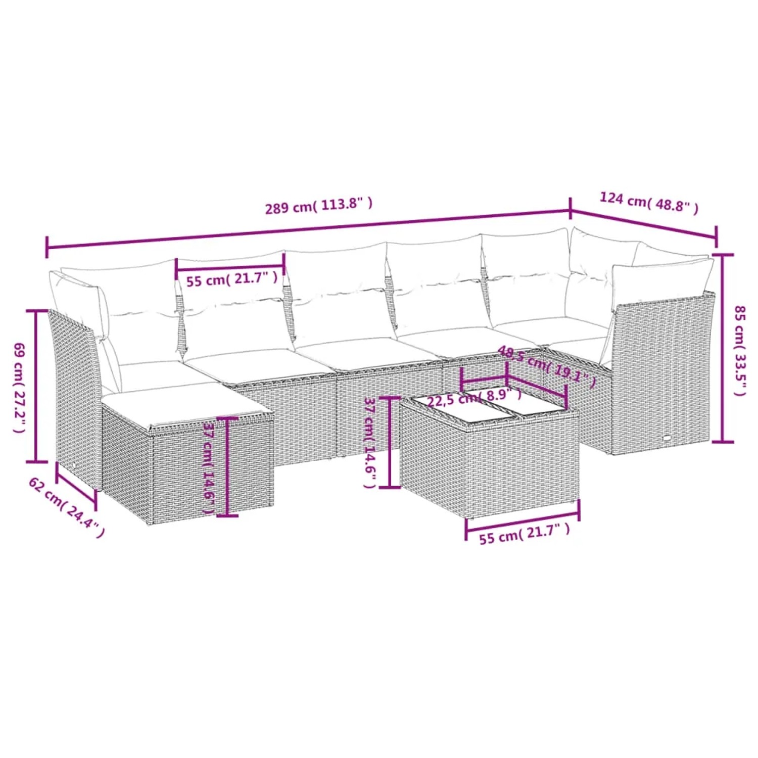 Beige 8-tlg. Garten-Sofagarnitur aus Polyrattan mit Tisch und Kissen.