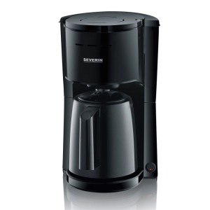 Schwarze Severin Filterkaffeemaschine KA 9306 mit Thermokanne. Kompaktes Design für heißen Kaffee.