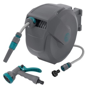 Grauer Ecd Germany Schlauchaufroller 15m, 180° schwenkbar, Automatik-Rückzug, mit Spritzdüse für den Garten.