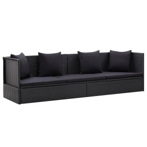 Schwarzes VidaXL Garten-Sofabett aus Rattan mit Kissen, 200x60x58 cm.