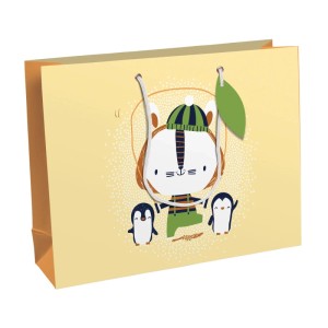 Clairefontaine Geschenktasche Shopper, gelb mit niedlichem Tiermotiv (Tiger, Pinguine) und grünem Blatt-Etikett. Für Kindergeschenke.