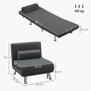 Dunkelgrauer HOMCOM Schlafsessel als Klappsessel und Bett. Zeigt Sessel (75x70x75 cm) und Bett (180x75x25 cm) mit Kissen.
