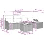 Schwarzes 6-tlg. vidaXL Garten-Sofa-Set aus Polyrattan mit Kissen und Tisch, Maße eingezeichnet.