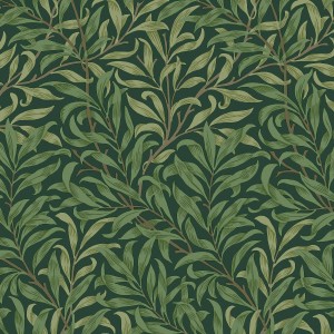 Grüne William Morris Vliestapete Willow Bough mit Blätter-Motiv, 10 m x 52 cm.