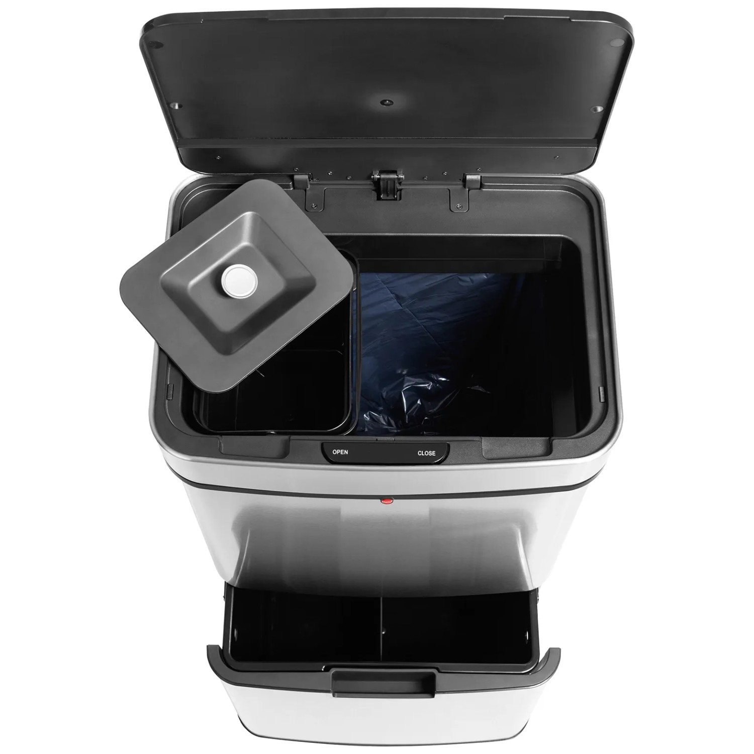 Offener Hailo Sensor-Mülleimer Öko Vario XL mit drei Fächern aus Edelstahl.