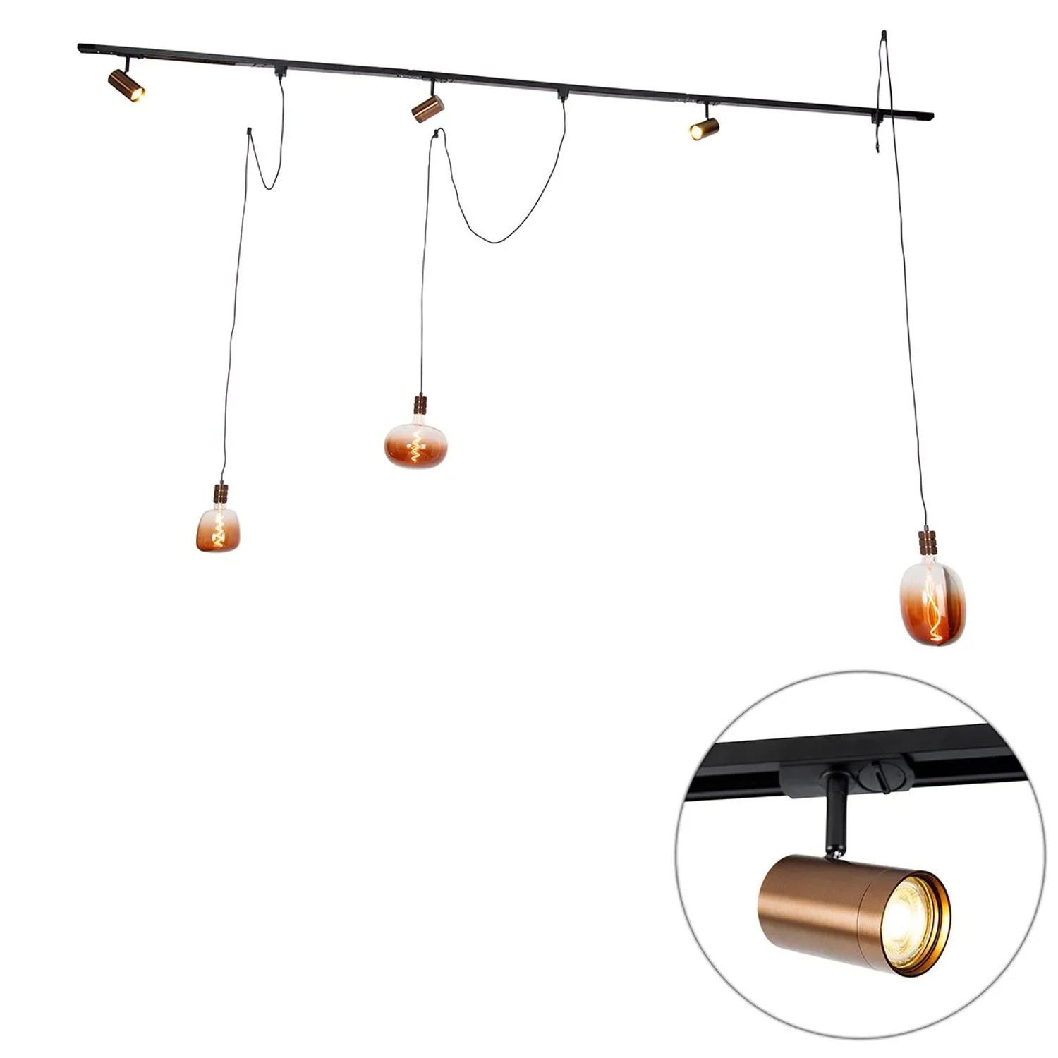QAZQA 1 Phasen Schienensystem mit 3 Strahlern und Hängelampen DunkelBronze Cavalux Jeana