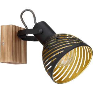 Globo Spot Lenna 1er: Dunkelbrauner Holz-Spot mit schwarzem, goldfarbenem Lampenschirm.
