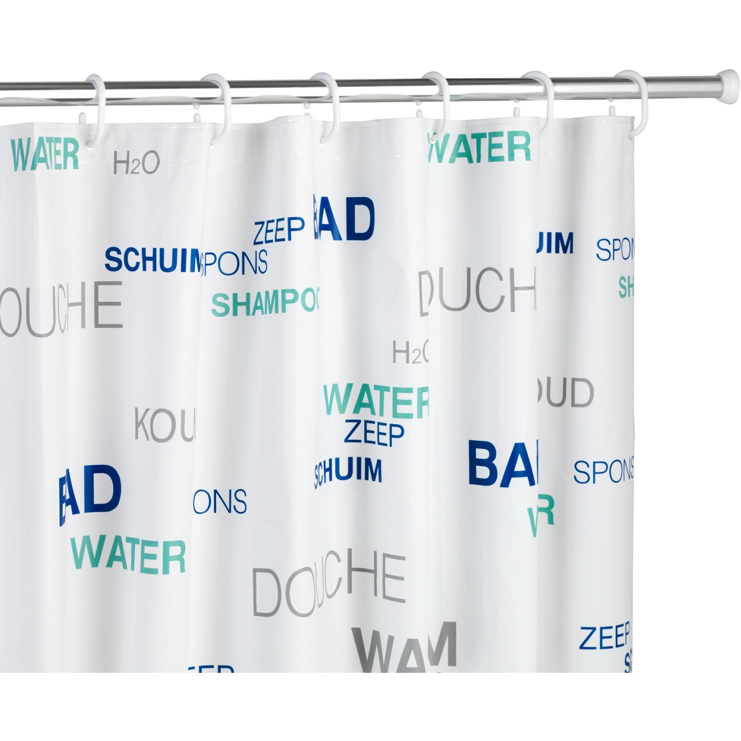 Wenko Duschstange Chrom mit Duschvorhang mit Aufdruck von Badezimmer-Begriffen.