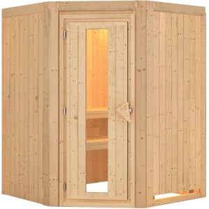 Karibu Sauna Lyra Natur: Elementsauna aus Fichte mit Glastür und zwei Liegen.