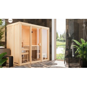 Karibu Sauna Sky 2, naturbelassene Massivholzsauna mit Glastür und Bänken.