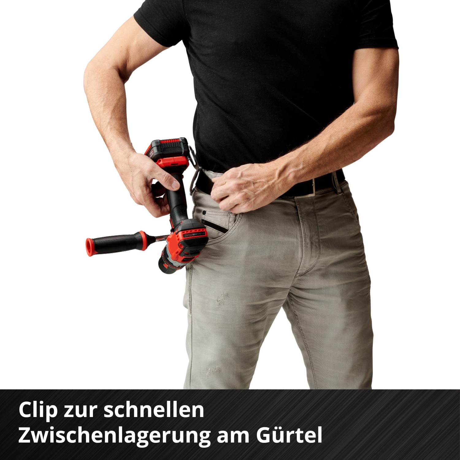 Einhell Akku-Schlagbohrschrauber mit Gürtelclip zur Befestigung am Gürtel.