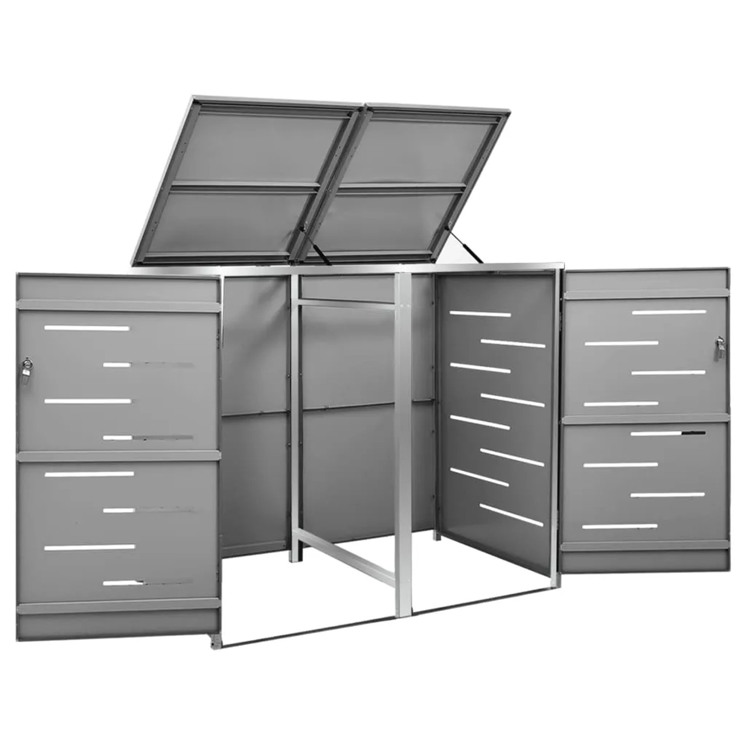 vidaXL Mülltonnenbox für 2 Tonnen aus Edelstahl, anthrazit, mit geöffnetem Deckel und Türen.