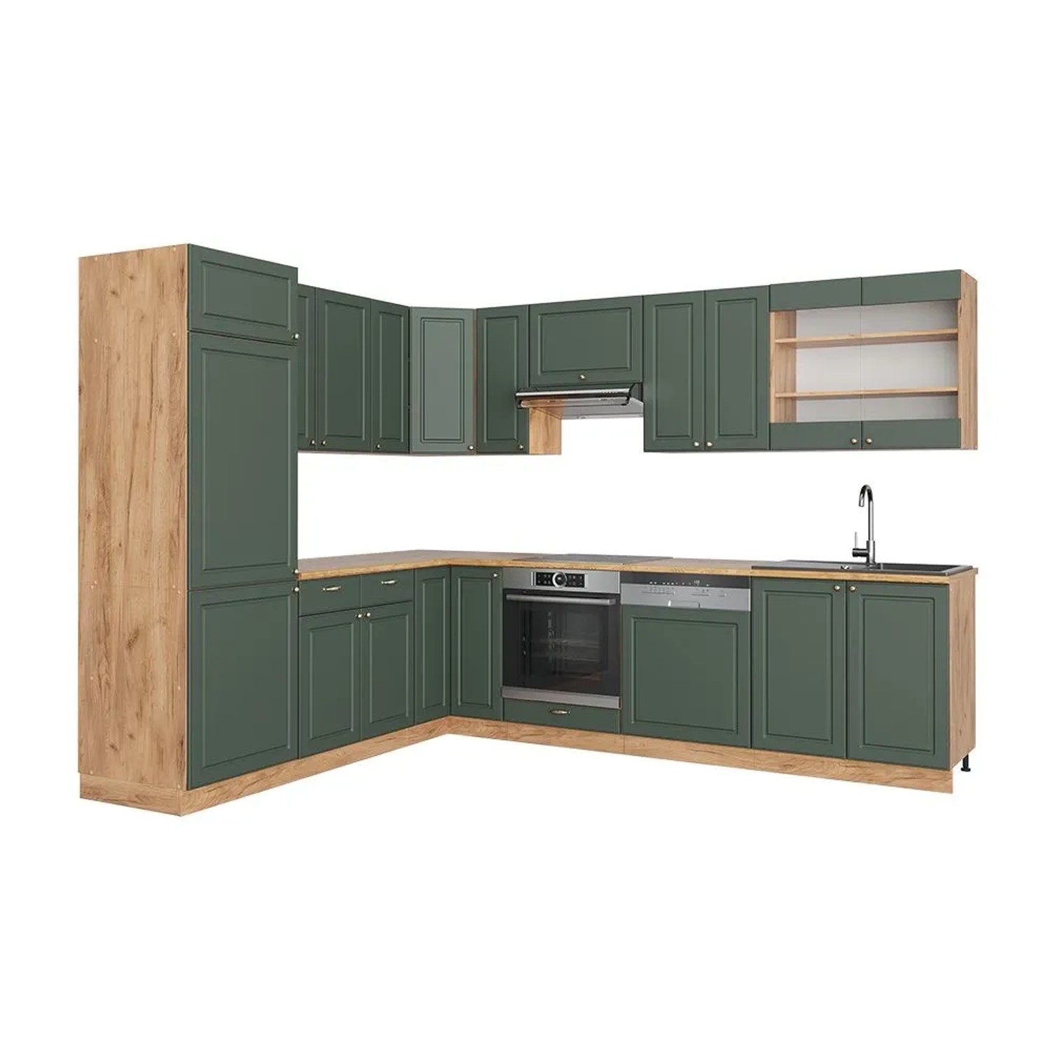 Vicco Eckküche Fame-Line Grün-Gold Landhaus/Goldkraft Eiche 287 x 82 ohne Arbeitsplatte