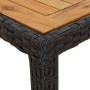 Detailansicht: Schwarze Rattan-Gartenmöbel-Essgruppe mit Akazienholz-Tischplatte.