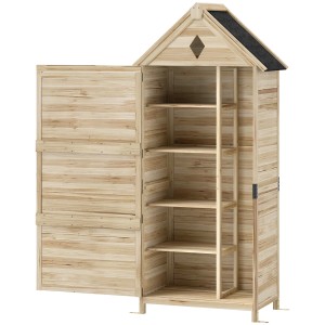 Outsunny Gartenschrank aus Tannenholz mit Regalen, naturbelassen. Werkzeugschrank mit geöffneter Tür.