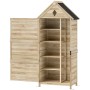 Outsunny Gartenschrank aus Tannenholz mit Regalen, naturbelassen. Werkzeugschrank mit geöffneter Tür.