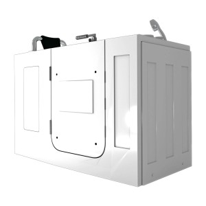 Weiße AquaVapore Sitzbadewanne mit Tür und Whirlpoolfunktion, Armaturen inklusive. Ideal für Senioren.