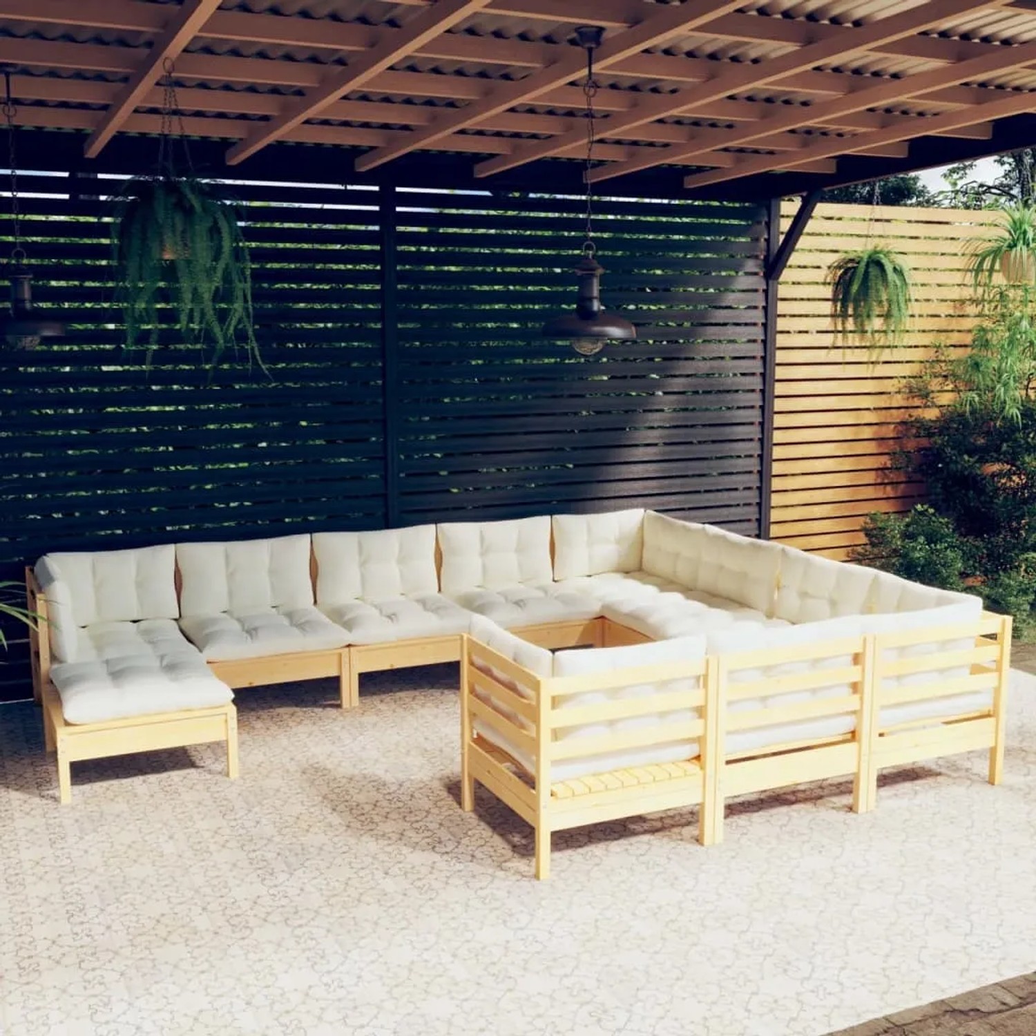 11-tlg. Garten Lounge Set aus Kiefernholz mit creme Kissen. Modulares Outdoor Sofa.