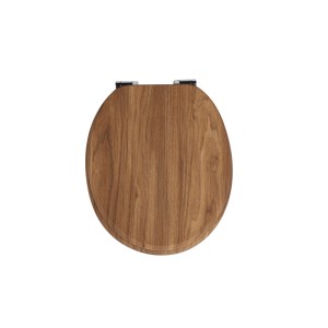 SINOBATH WC-Sitz mit Absenkautomatik, brauner MDF-Holzkern in Holzoptik, oval, mit Metallscharnieren.