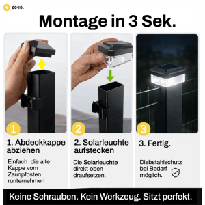 Einfache Montage der 6040 Solar Zaunleuchte auf 60x40mm Pfosten. LED Solarleuchte leuchtet am Zaunpfosten.