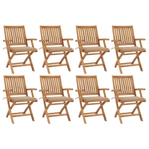 vidaXL Klappbare Gartenstühle (8 Stk) aus Teakholz mit beigen Kissen.