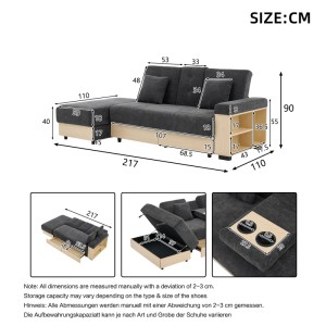 Graues Merax Schlafsofa Cord mit L-Recamiere, Stauraum, verstellbarer Rückenlehne. Chenille-Stoff, Maße.