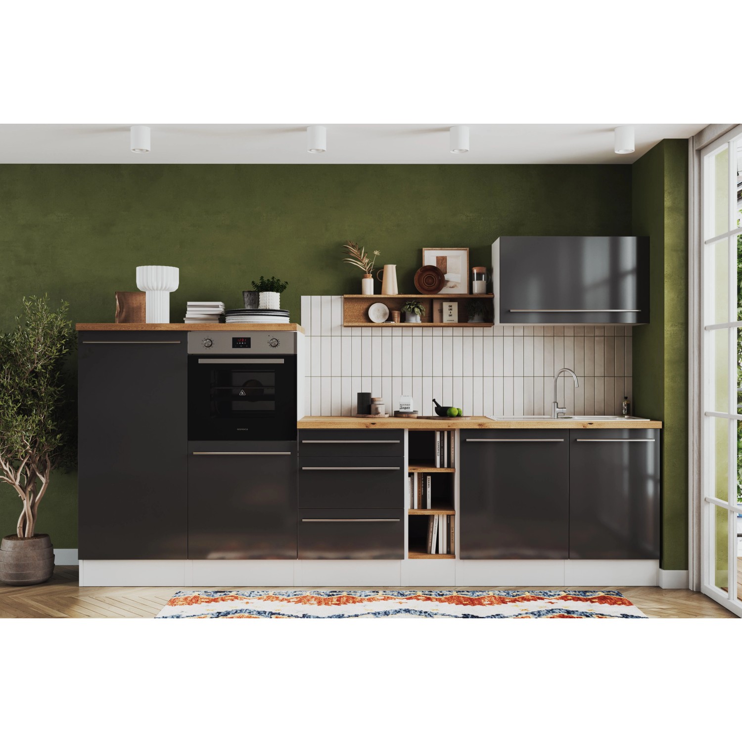 Respekta Inselküche Gabriel 320 cm in Grau Hochglanz mit E-Geräten und Kochinsel.