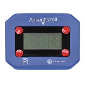 Blaue Cartrend elektronische Parkscheibe mit digitaler Zeitanzeige und Klebepads.