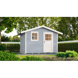 Graues Holz-Gartenhaus mit Satteldach, weißer Tür und Fenster im Garten.