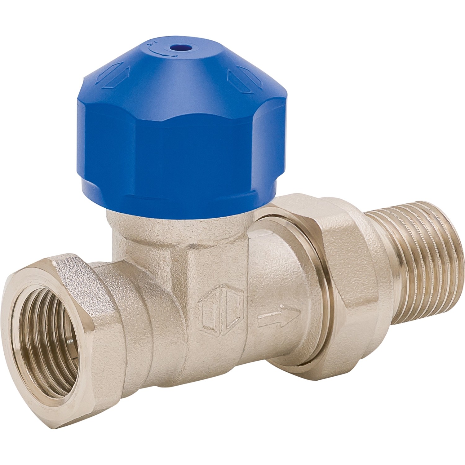 Thermostatventil in Chrom, Durchgangsform, mit blauem Thermostatkopf für Heizkörper-Installation.