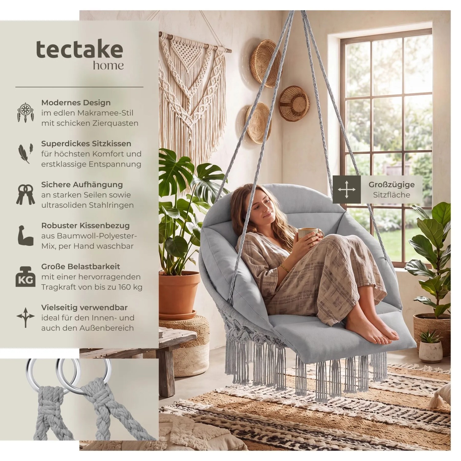 Tectake Hängesessel Samira Mit Dickem Sitzkissen Stabile Halteseile  81 x 80 x 139 cm Grau_2