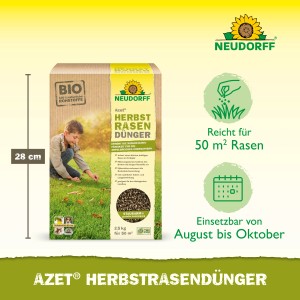 Neudorff Herbstrasendünger Azet 2,5kg: Karton mit Rasendünger für den Herbst, stärkt den Rasen.