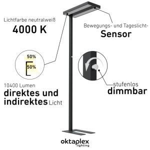Schwarze Oktaplex Lyse LED Stehlampe mit Sensor, dimmbar, 4000K, 80W für Büro.