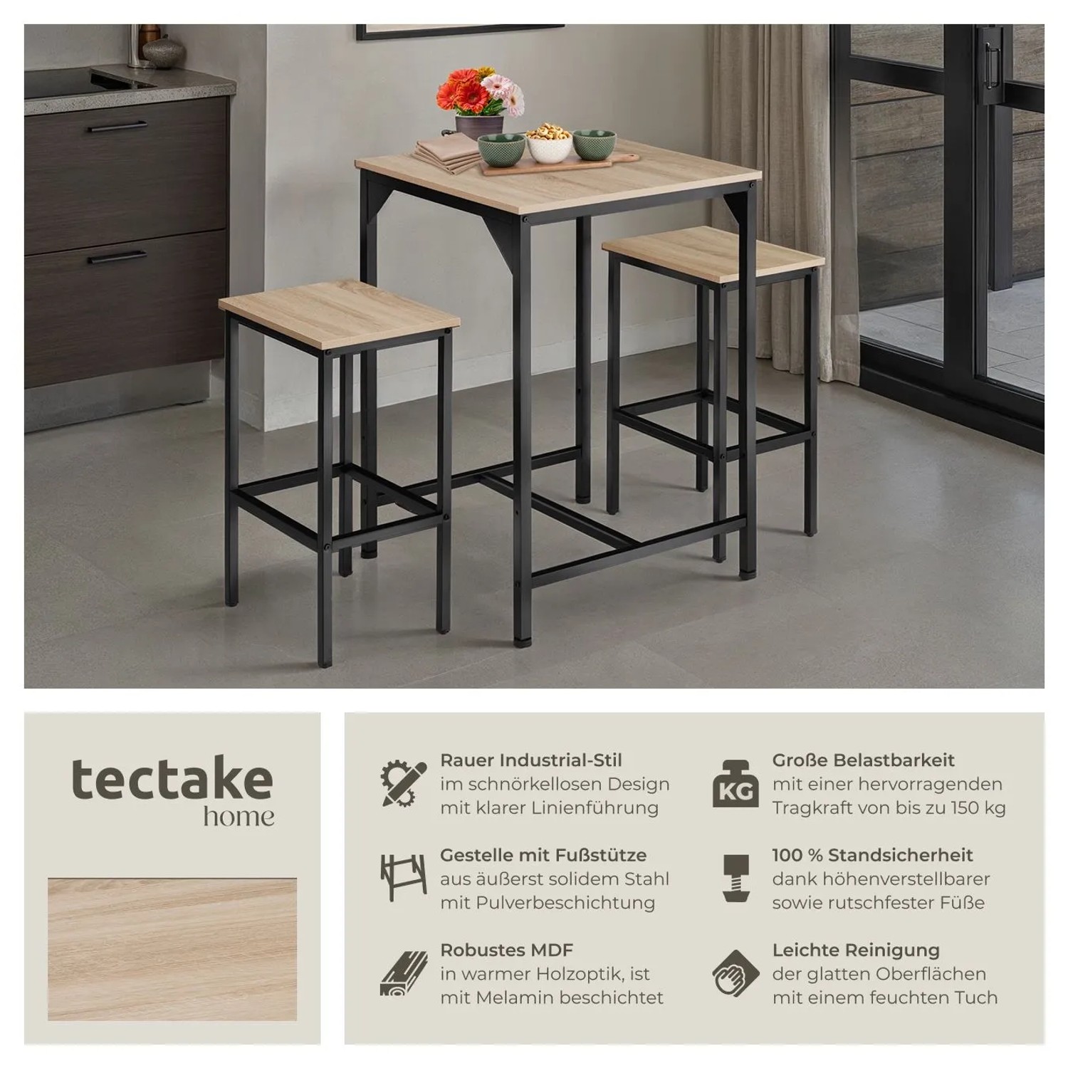 Tectake Barset Inverness 3 Teilig Tisch Mit 2 Hockern 120 x 60 x 91 cm Industrial Holz Hell Eiche Sonoma_2