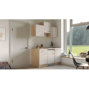 Flex-Well Singleküche Orlando, 150 cm, Kaschmir/Sonoma Eiche, mit Kühlgerät und Kochfeld.