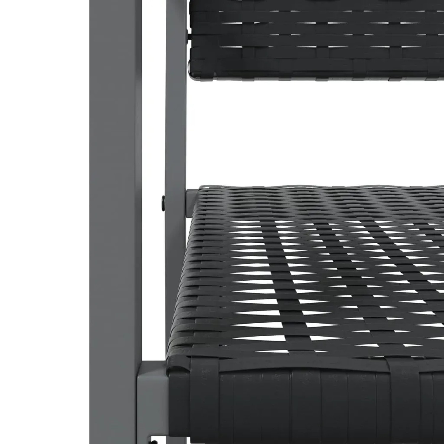 Detailansicht: Schwarze Garten Essgruppe aus Poly Rattan und Stahl.