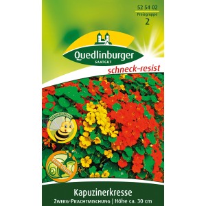 Samentüte Quedlinburger Zwerg-Kapuzinerkresse 'Prachtmischung' mit gelben und roten Blüten.