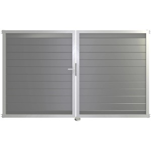 GroJa Lumino Steckzaun Tor, silbergrau, DIN links, 2-flügelig. Sichtschutzzaun Tor mit Alu-Rahmen.