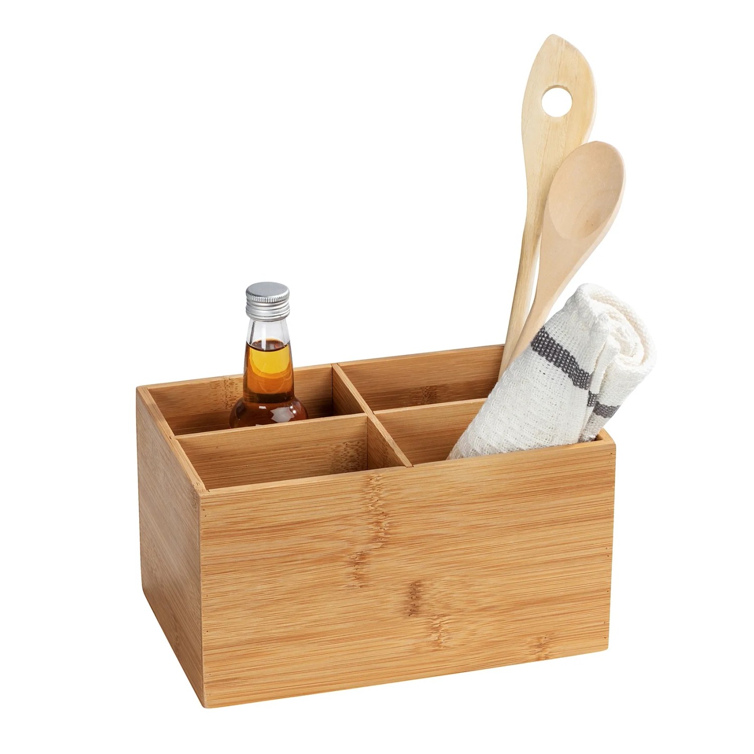 Wenko Bambus Box Terra mit 4 Fächern, braune Aufbewahrungsbox für Bad, Küche und Büro.