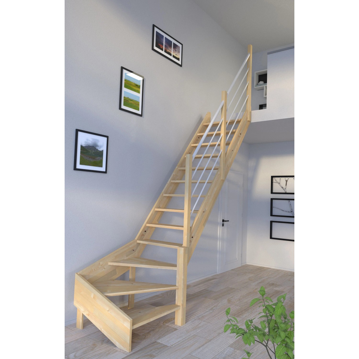 StarWood Treppe Korfu, Fichte, gewendelt, mit Holz-Edelstahl-Geländer in Weiß.