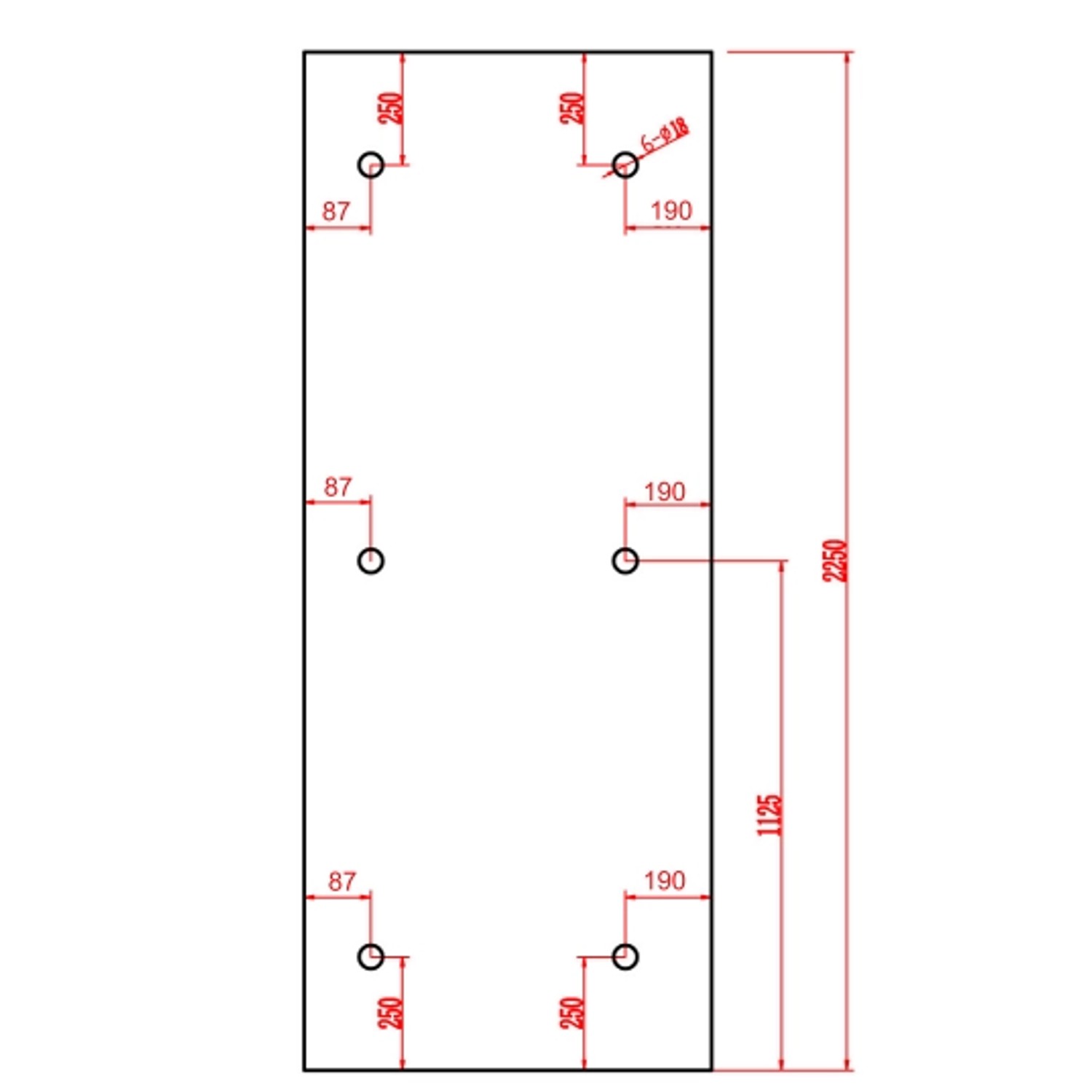 Skizze Glasvordach Olymp, Maße und Bohrungen für Halterungen dargestellt.