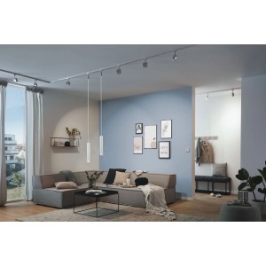 URail Pendelleuchte Catalejo, Chrom matt, im Wohnraum mit Schienensystem. Moderne Beleuchtung.