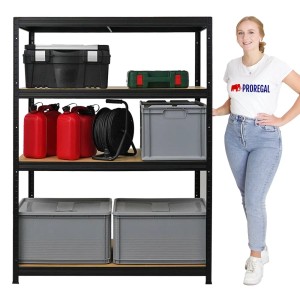 Schwarzes PROREGAL Schwerlastregal Big Elephant 160x120x60cm mit Werkzeugkisten und Lagerboxen.